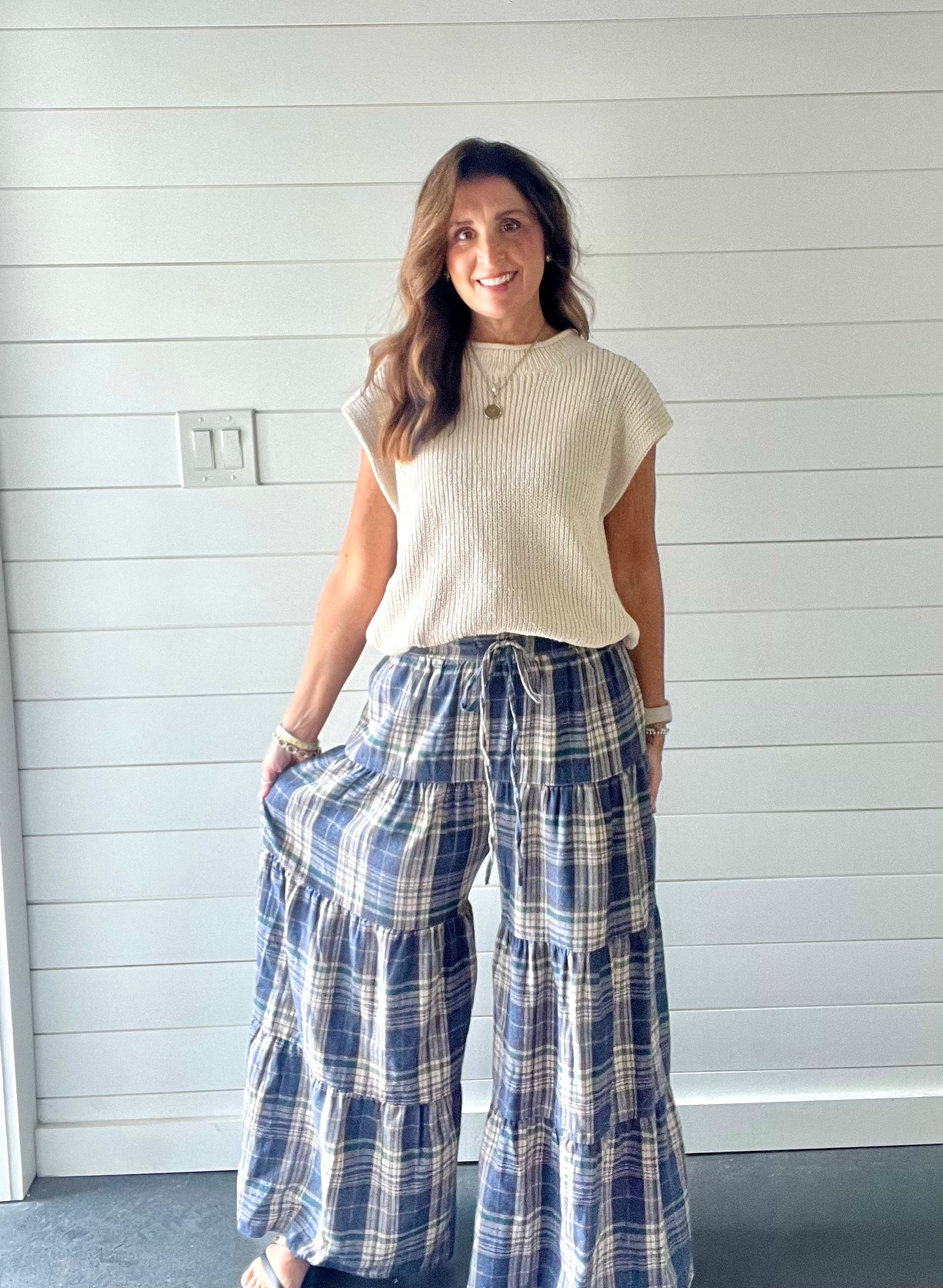 Blue Checkered Tiered Palazzo Pants