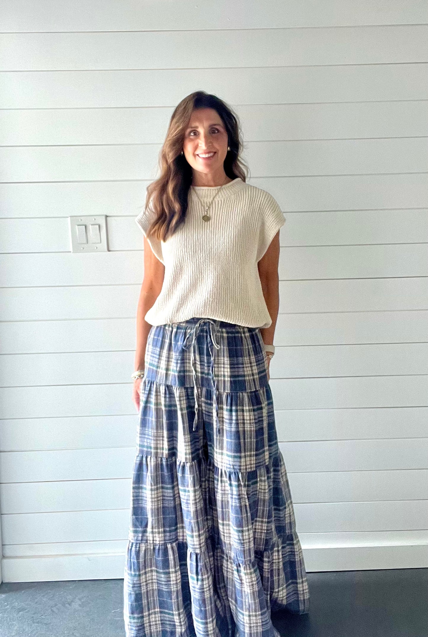 Blue Checkered Tiered Palazzo Pants